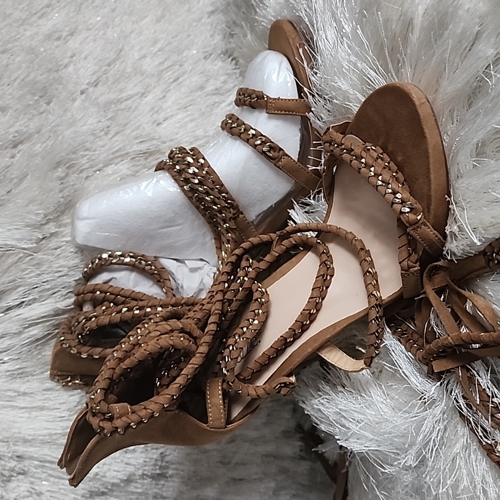 TAN suede tie up high heeled sandals
